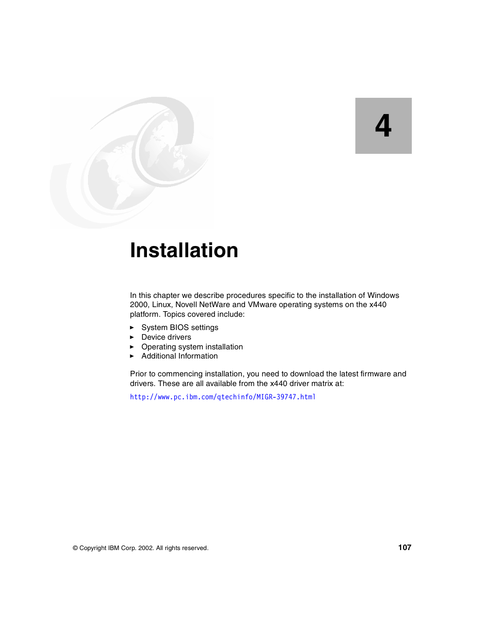 Chapter 4. installation, Er 4, Installation | IBM 440 User Manual | Page 121 / 202