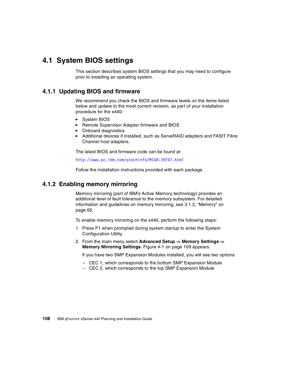 1 system bios settings, 1 updating bios and firmware, 2 enabling memory mirroring | IBM 440 User Manual | Page 122 / 202