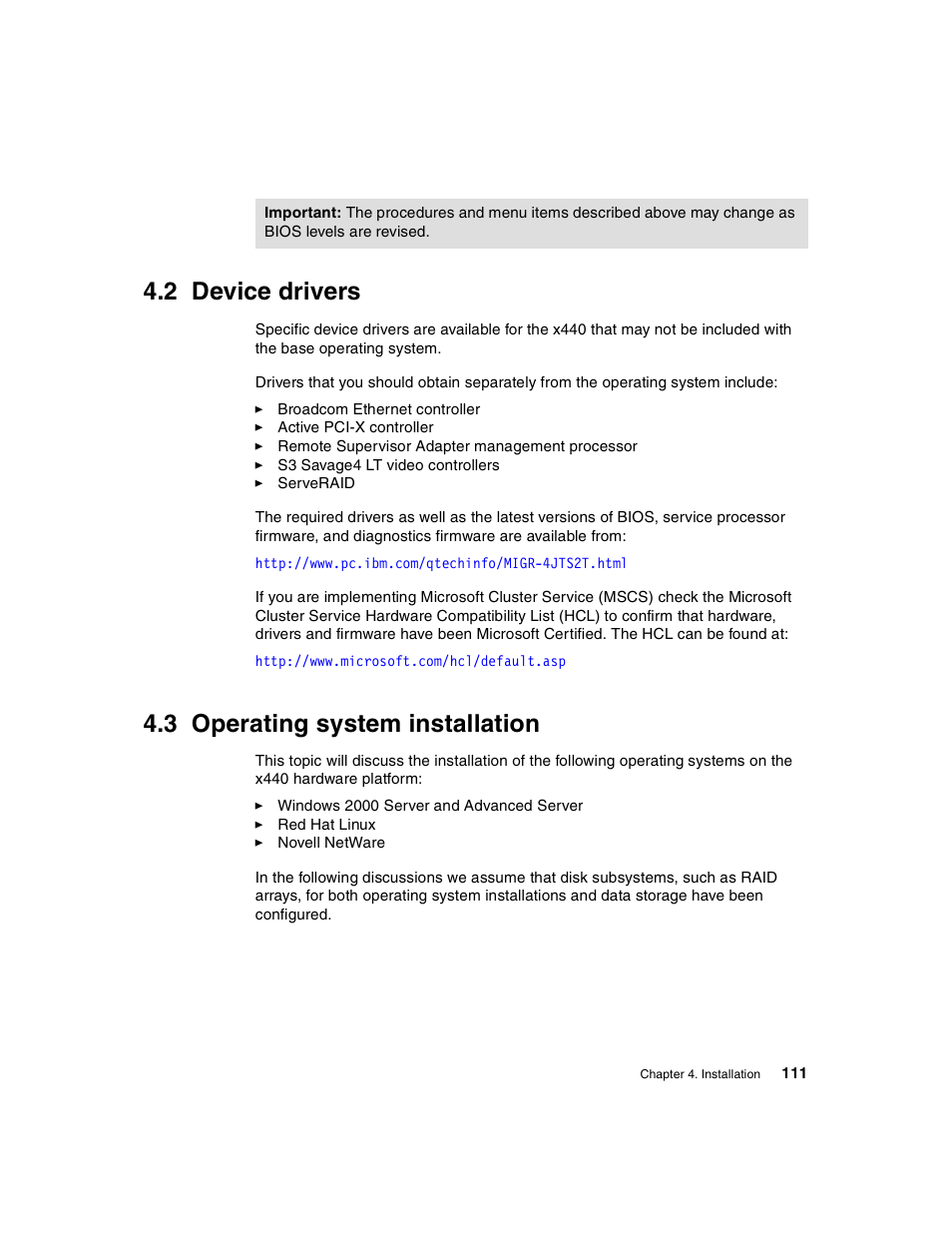 2 device drivers, 3 operating system installation | IBM 440 User Manual | Page 125 / 202