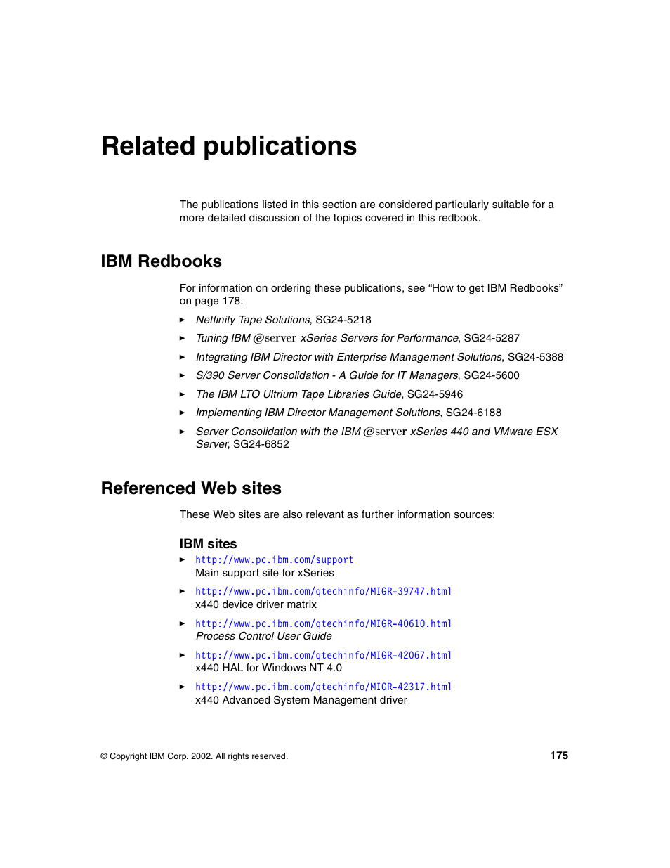 Related publications, Ibm redbooks, Referenced web sites | Ibm redbooks referenced web sites | IBM 440 User Manual | Page 189 / 202