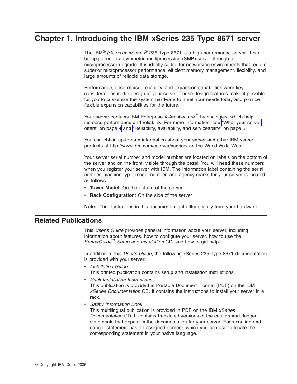 Related publications, Chapter, Introducing | Xseries, Type, Server, Related, Publications | IBM xSeries 235 User Manual | Page 13 / 66
