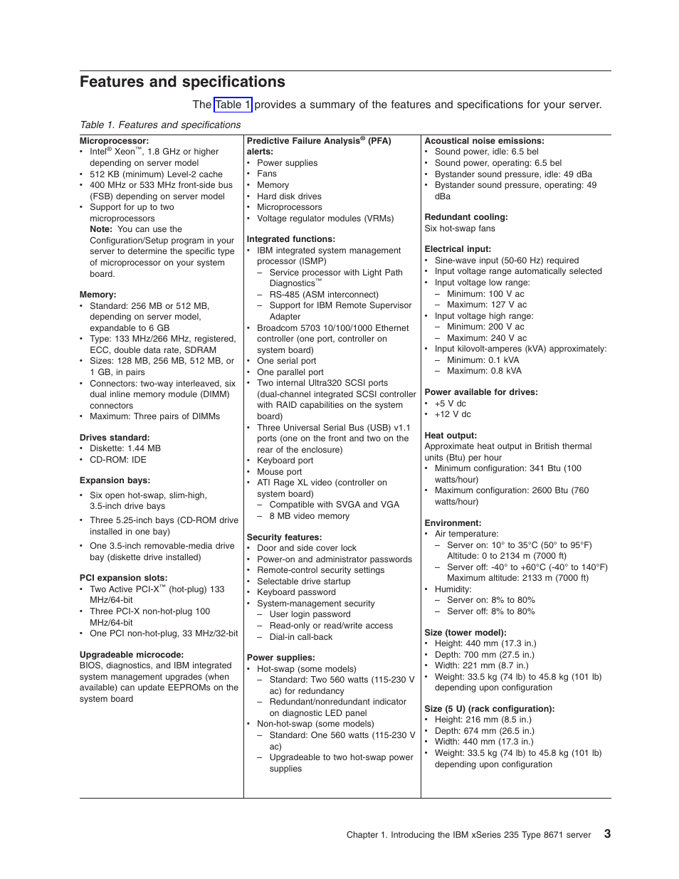 Features and specifications, Features, Specifications | IBM xSeries 235 User Manual | Page 15 / 66