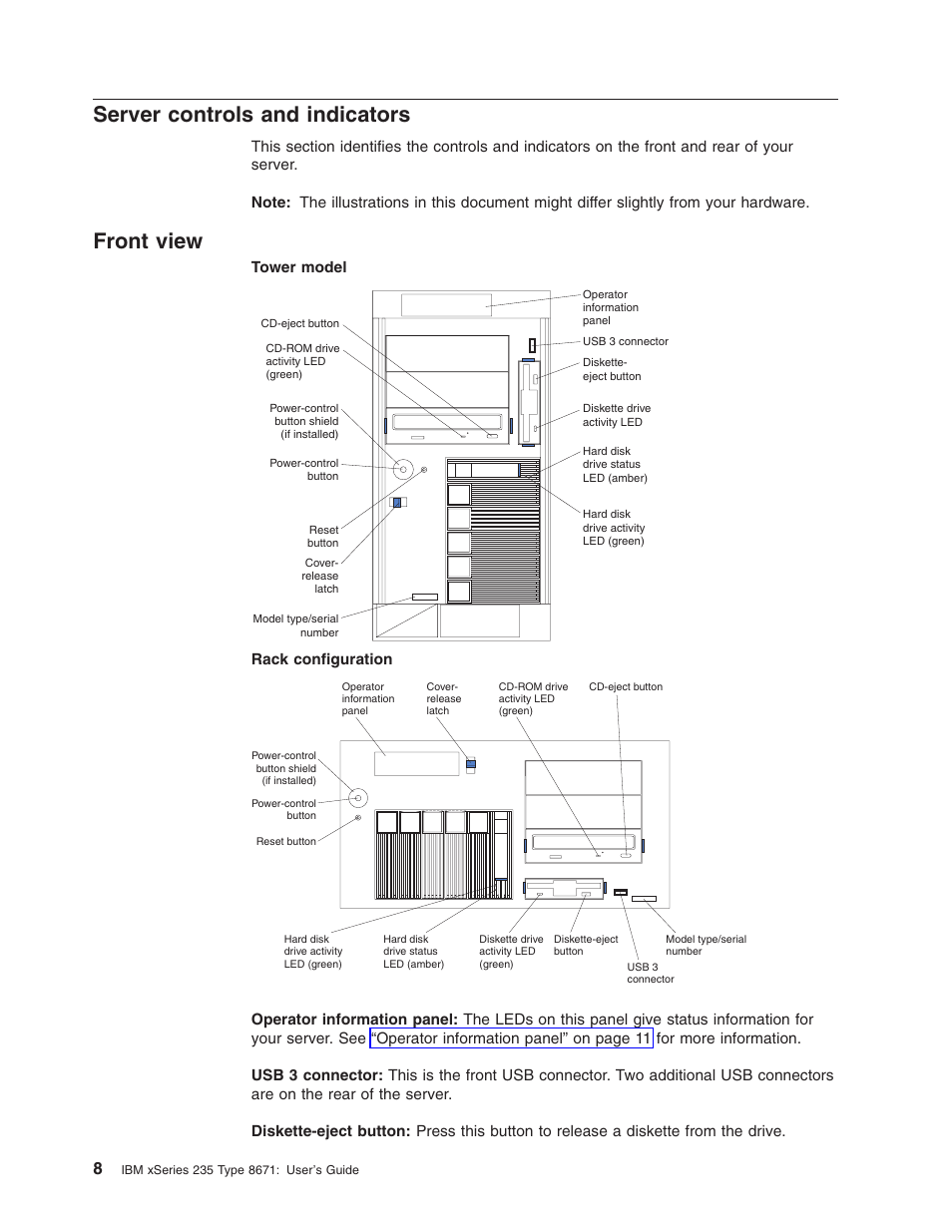 Server controls and indicators, Front view, Server | Controls, Indicators, Front, View | IBM xSeries 235 User Manual | Page 20 / 66
