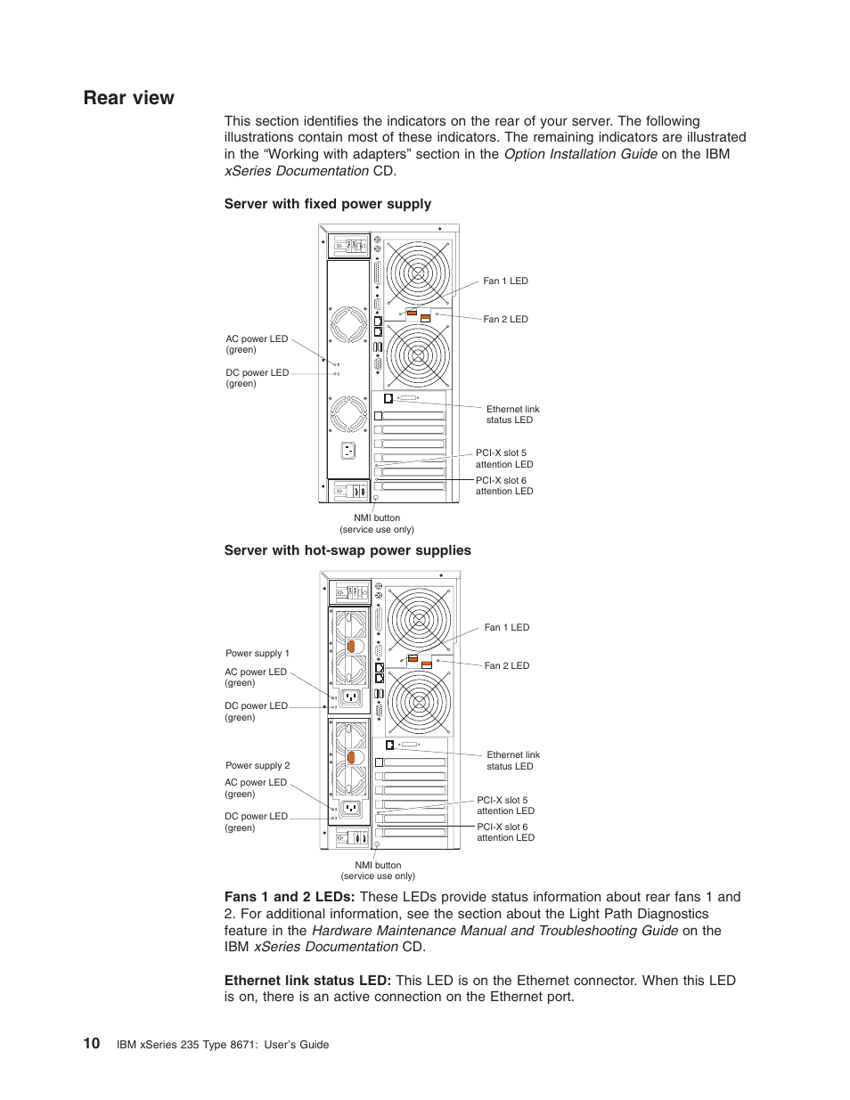 Rear view, Rear, View | IBM xSeries 235 User Manual | Page 22 / 66