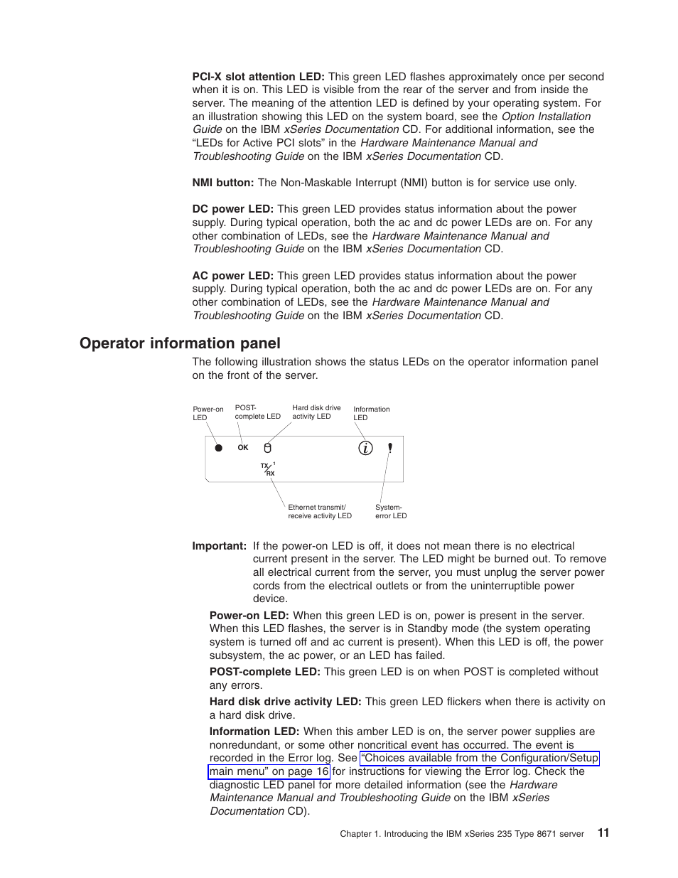 Operator information panel, Operator, Information | Panel | IBM xSeries 235 User Manual | Page 23 / 66