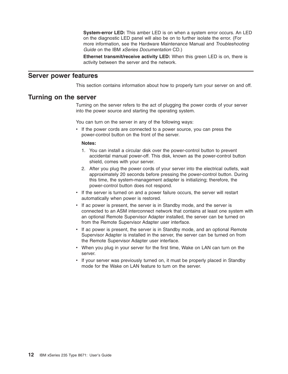 Server power features, Turning on the server, Server | Power, Features, Turning | IBM xSeries 235 User Manual | Page 24 / 66