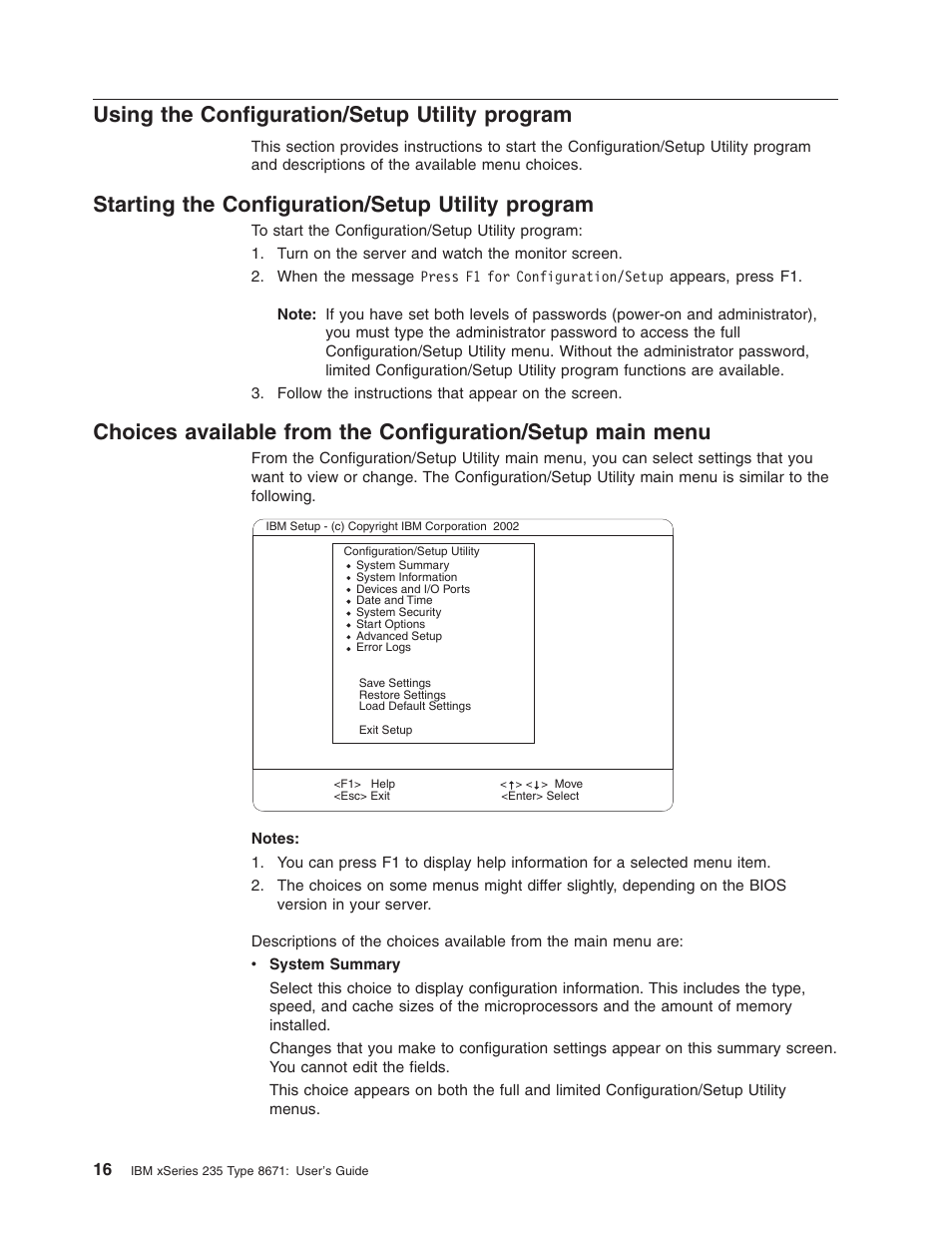 Using the configuration/setup utility program, Starting the configuration/setup utility program, Using | Configuration/setup, Utility, Program, Starting, Choices, Available, From | IBM xSeries 235 User Manual | Page 28 / 66