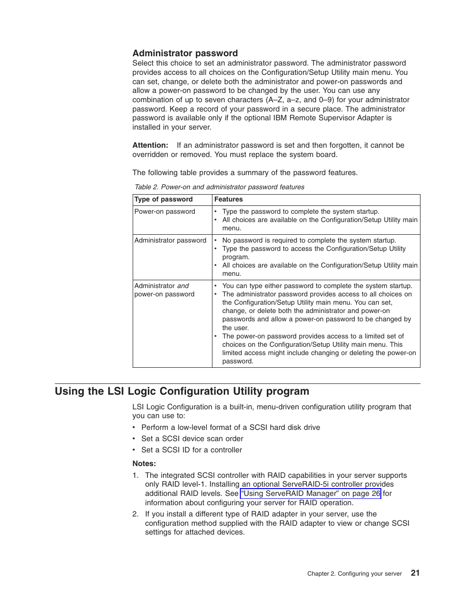 Administrator password, Using the lsi logic configuration utility program, Using | Logic, Configuration, Utility, Program, Administrator, Password | IBM xSeries 235 User Manual | Page 33 / 66