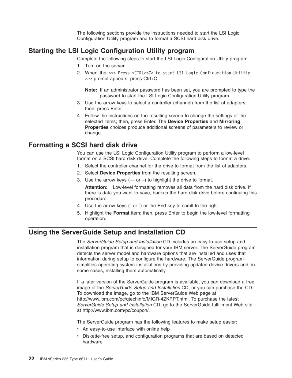 Formatting a scsi hard disk drive, Using the serverguide setup and installation cd, Starting | Logic, Configuration, Utility, Program, Formatting, Scsi, Hard | IBM xSeries 235 User Manual | Page 34 / 66