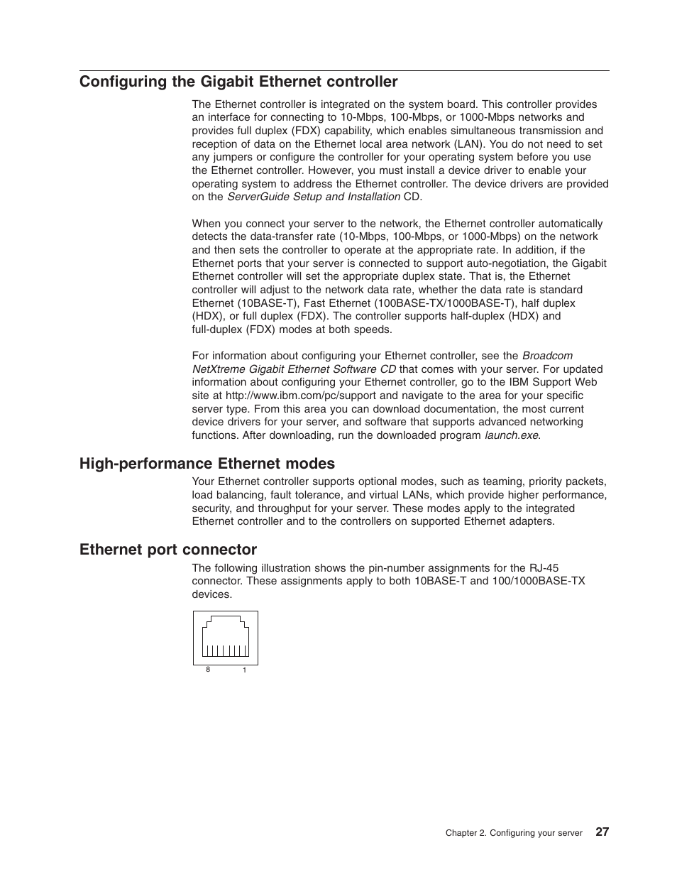 Configuring the gigabit ethernet controller, High-performance ethernet modes, Ethernet port connector | Configuring, Gigabit, Ethernet, Controller, High-performance, Modes, Port | IBM xSeries 235 User Manual | Page 39 / 66