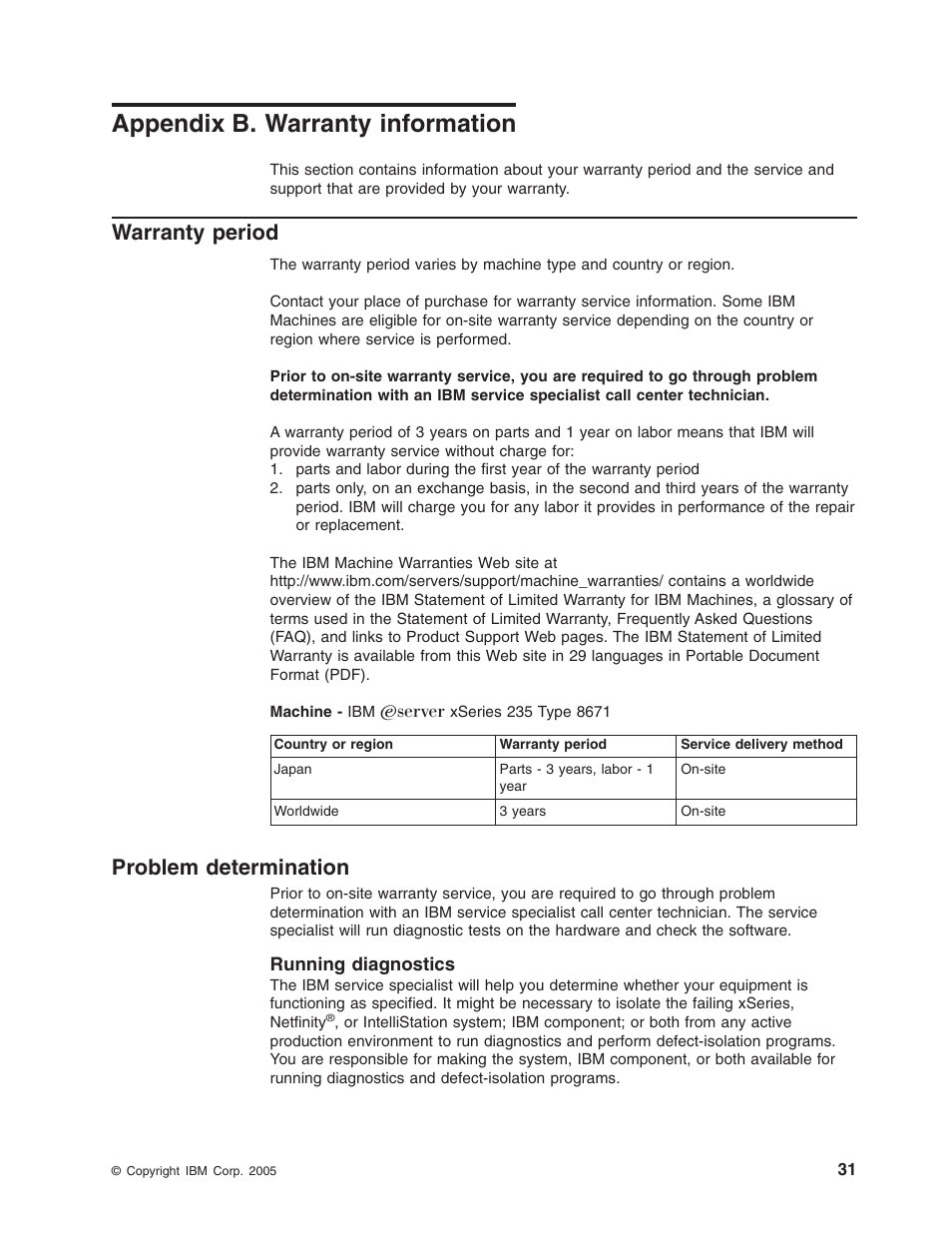 Appendix b. warranty information, Warranty period, Problem determination | Running diagnostics, Appendix, Warranty, Information, Period, Problem, Determination | IBM xSeries 235 User Manual | Page 43 / 66