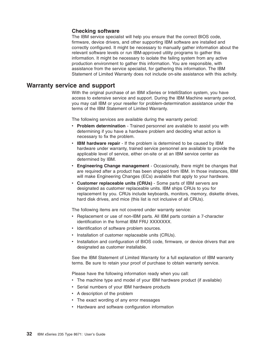Checking software, Warranty service and support, Warranty | Service, Support, Checking, Software | IBM xSeries 235 User Manual | Page 44 / 66