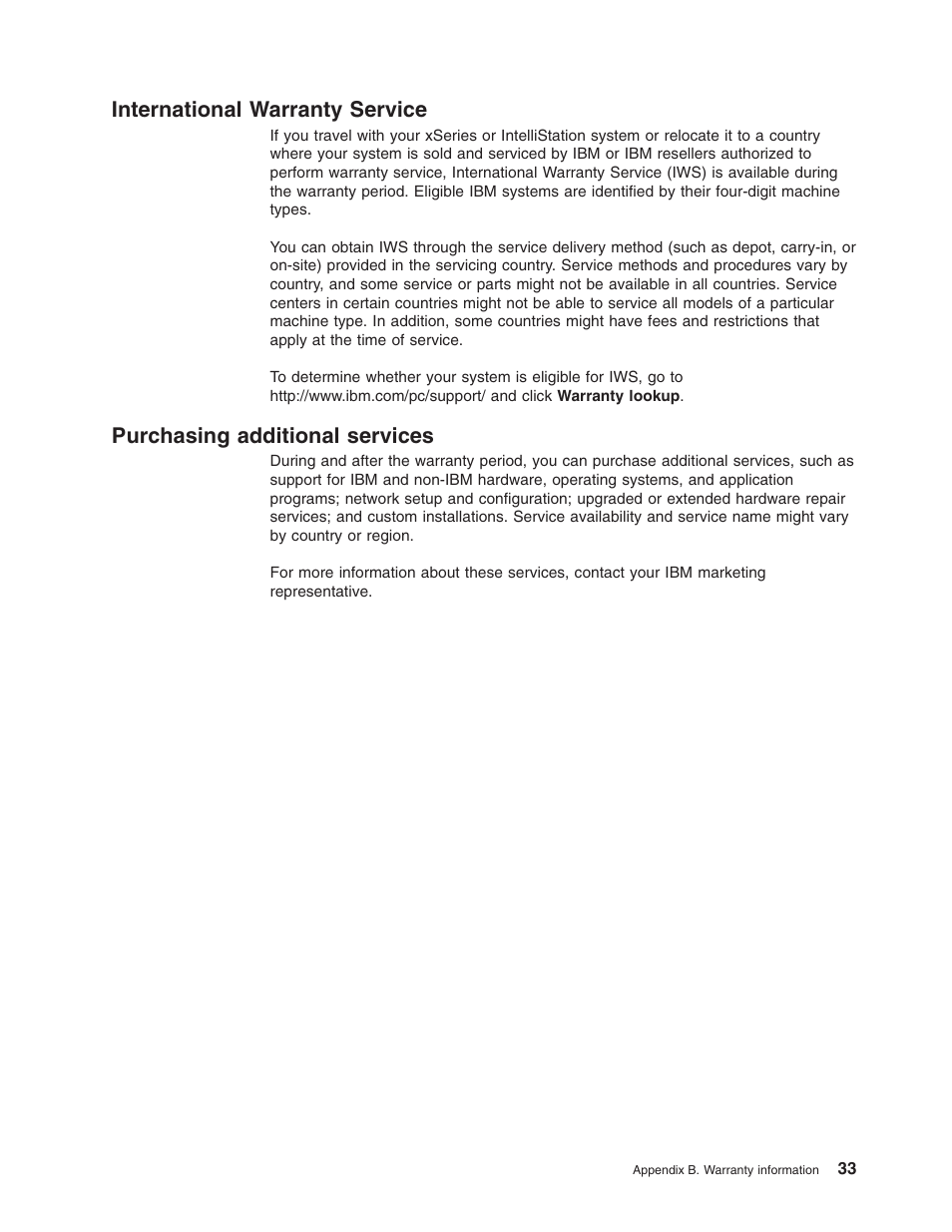 International warranty service, Purchasing additional services, International | Warranty, Service, Purchasing, Additional, Services | IBM xSeries 235 User Manual | Page 45 / 66