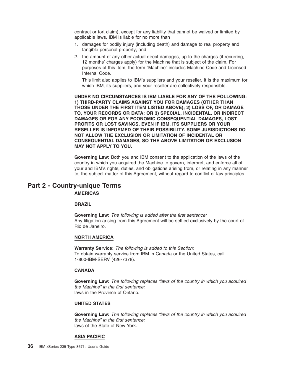 Part 2 - country-unique terms, Part, Country-unique | Terms | IBM xSeries 235 User Manual | Page 48 / 66