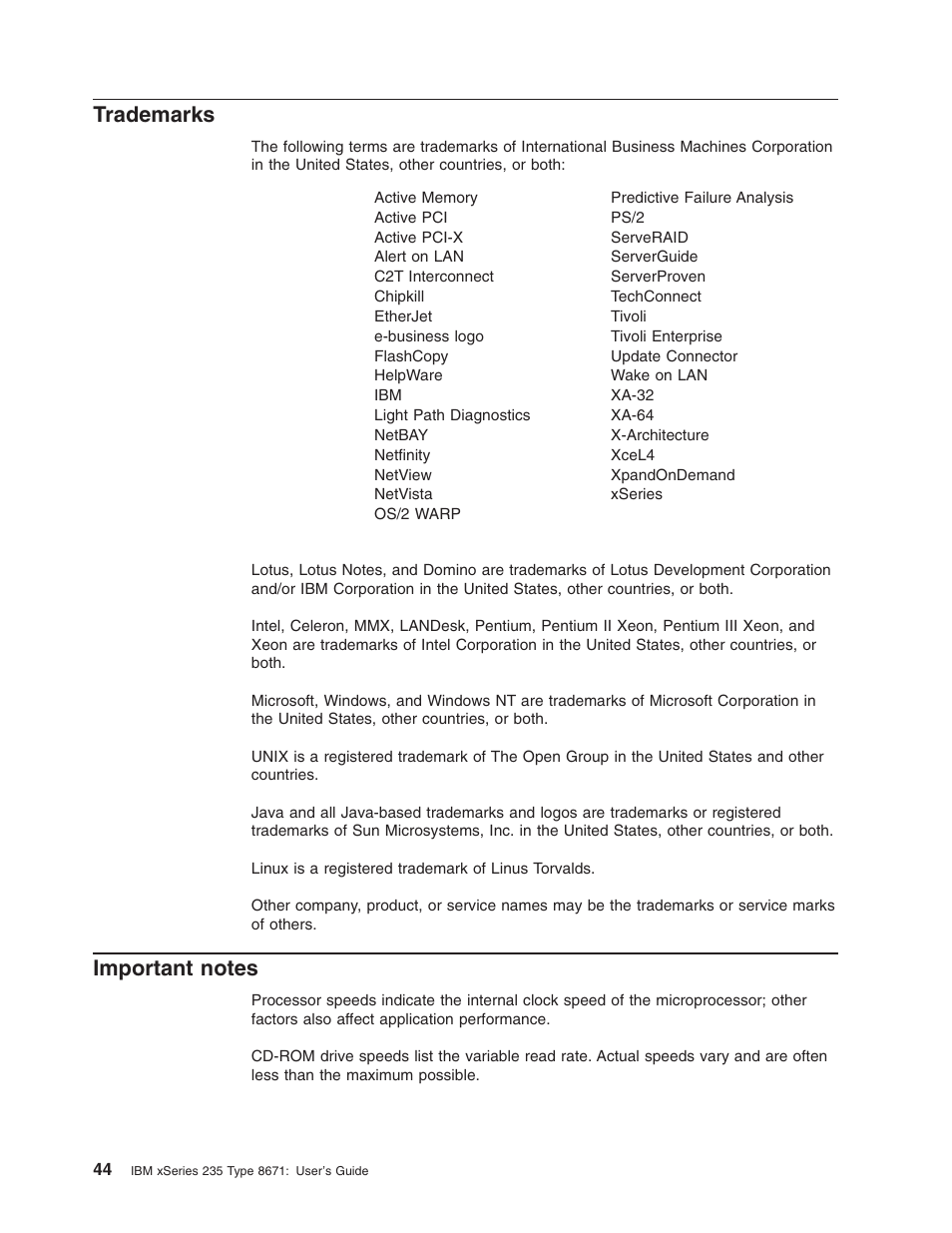 Trademarks, Important notes, Important | Notes | IBM xSeries 235 User Manual | Page 56 / 66