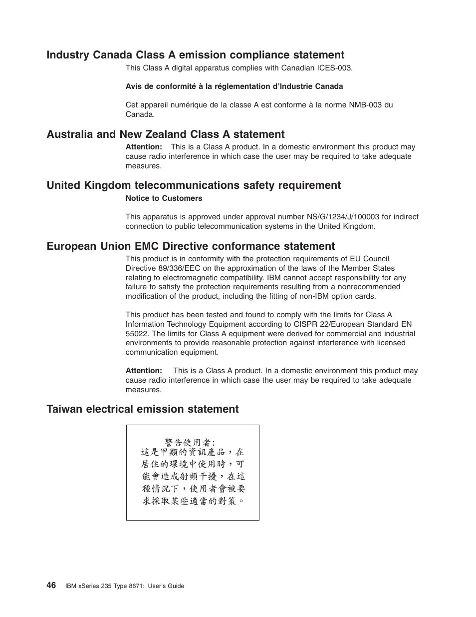Australia and new zealand class a statement, European union emc directive conformance statement, Taiwan electrical emission statement | Industry, Canada, Class, Emission, Compliance, Statement, Australia | IBM xSeries 235 User Manual | Page 58 / 66