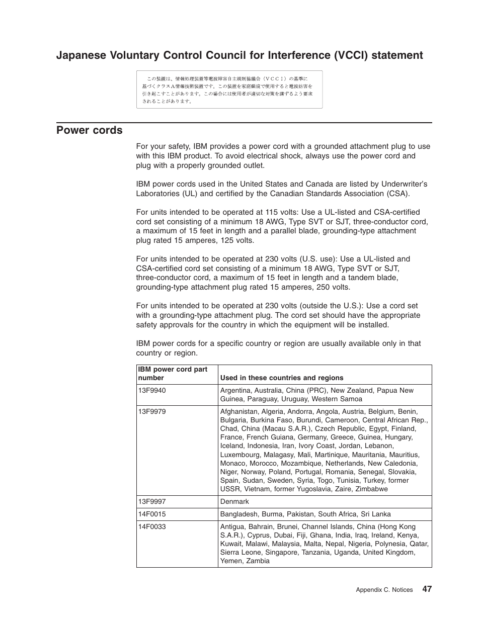 Power cords, Japanese, Voluntary | Control, Council, Interference, Vcci), Statement, Power, Cords | IBM xSeries 235 User Manual | Page 59 / 66