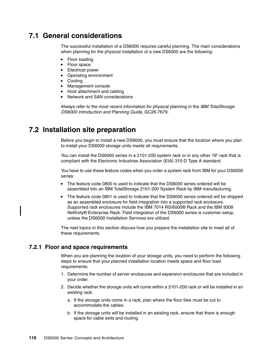 1 general considerations, 2 installation site preparation, 1 floor and space requirements | IBM TotalStorage DS6000 Series User Manual | Page 140 / 406
