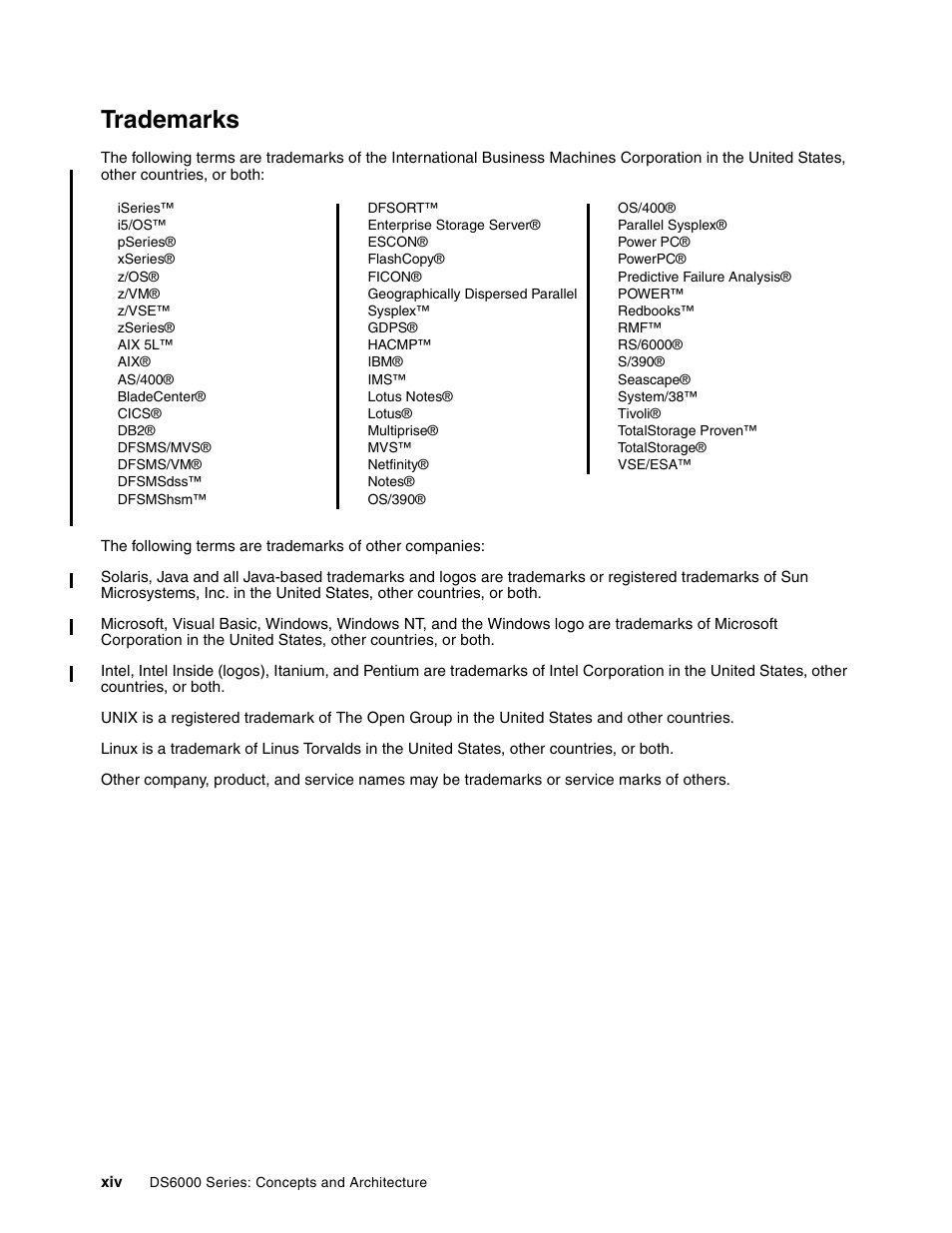 Trademarks | IBM TotalStorage DS6000 Series User Manual | Page 16 / 406