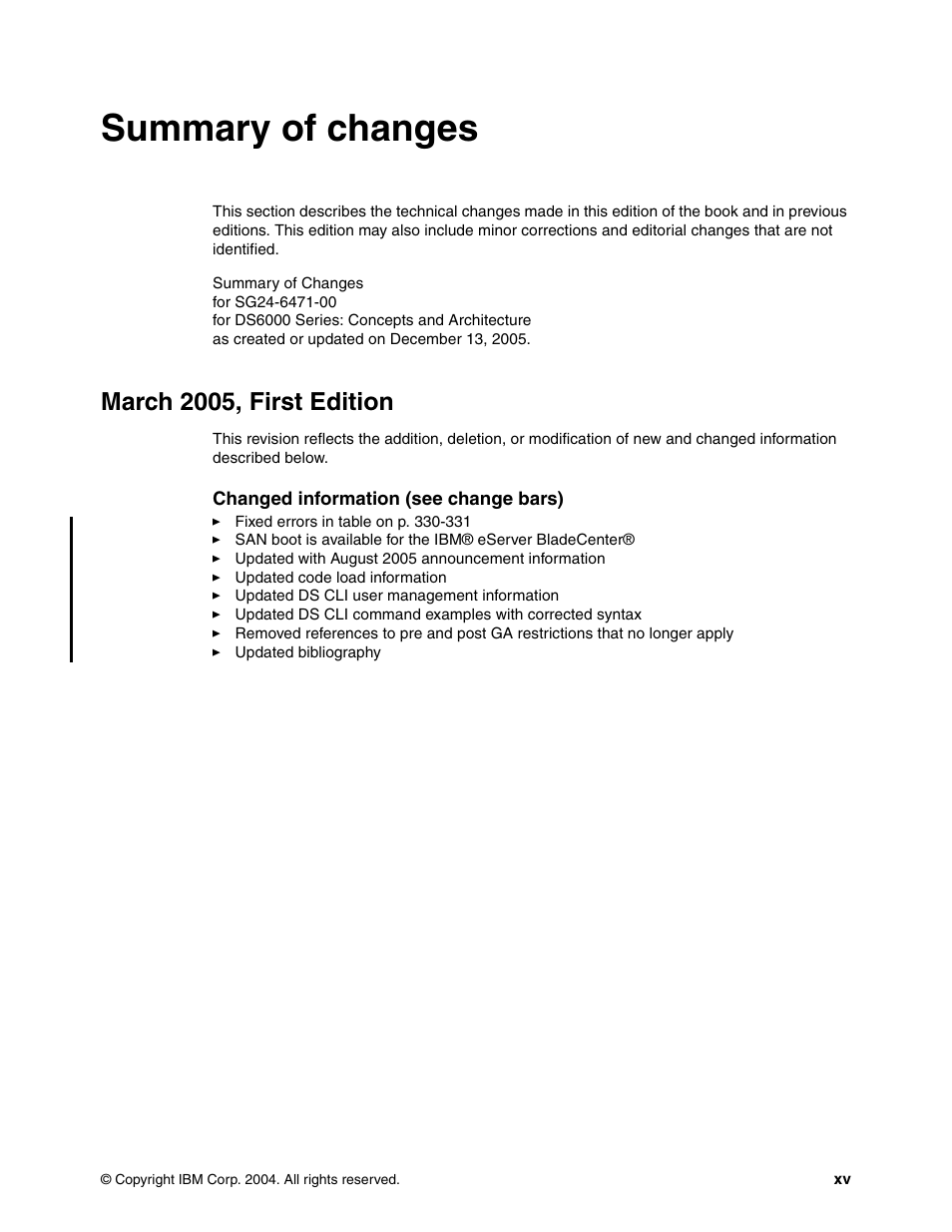 Summary of changes, March 2005, first edition | IBM TotalStorage DS6000 Series User Manual | Page 17 / 406