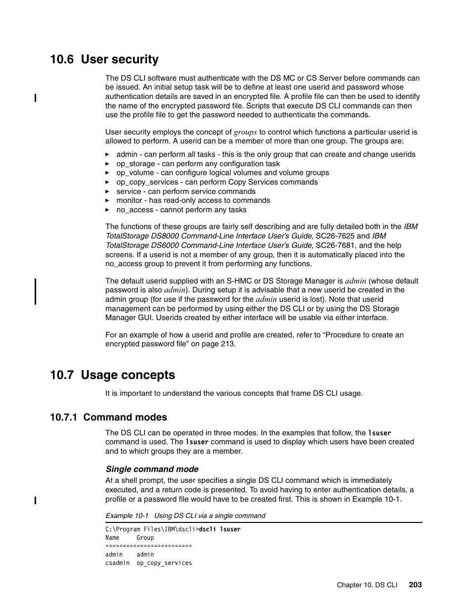 6 user security, 7 usage concepts, 1 command modes | 6 user security 10.7 usage concepts, User security, Usage concepts | IBM TotalStorage DS6000 Series User Manual | Page 227 / 406