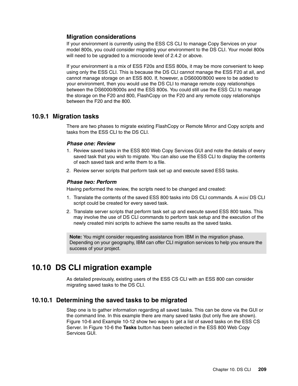 1 migration tasks, 10 ds cli migration example, 1 determining the saved tasks to be migrated | Ds cli migration example | IBM TotalStorage DS6000 Series User Manual | Page 233 / 406