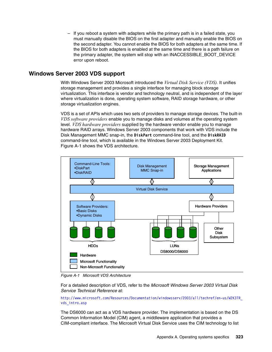 Windows server 2003 vds support, Virtual disk service (vds), Vds software providers | Vds hardware providers | IBM TotalStorage DS6000 Series User Manual | Page 347 / 406