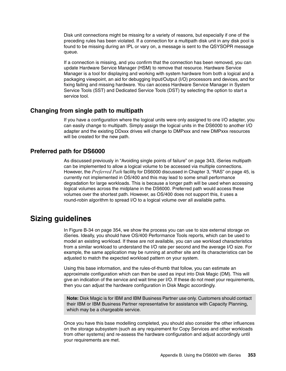 Changing from single path to multipath, Preferred path for ds6000, Sizing guidelines | IBM TotalStorage DS6000 Series User Manual | Page 377 / 406