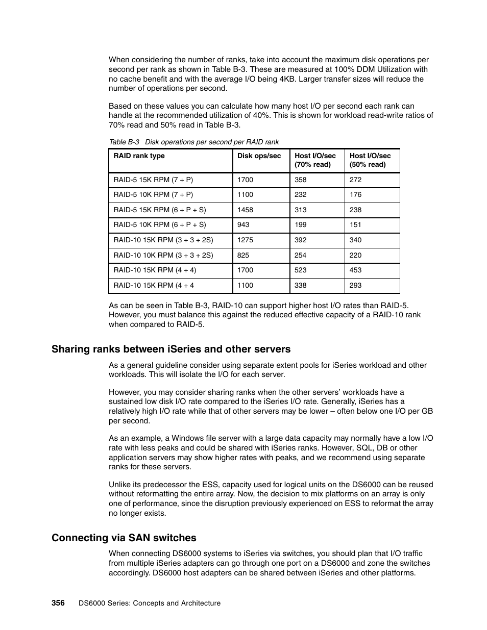 Sharing ranks between iseries and other servers, Connecting via san switches | IBM TotalStorage DS6000 Series User Manual | Page 380 / 406