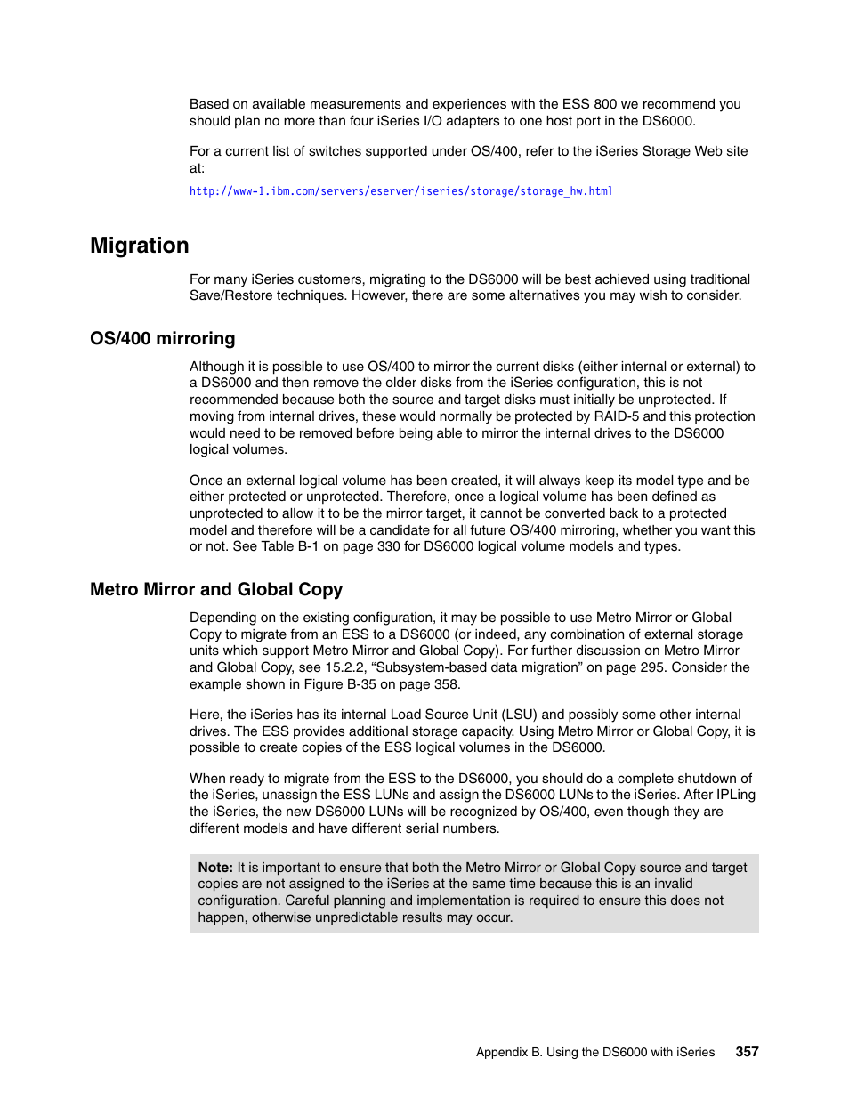 Migration, Os/400 mirroring, Metro mirror and global copy | Os/400 mirroring metro mirror and global copy | IBM TotalStorage DS6000 Series User Manual | Page 381 / 406