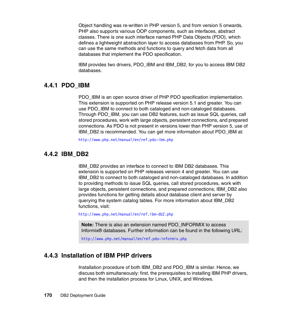1 pdo_ibm, 2 ibm_db2, 3 installation of ibm php drivers | IBM Data Server DB2 User Manual | Page 184 / 298