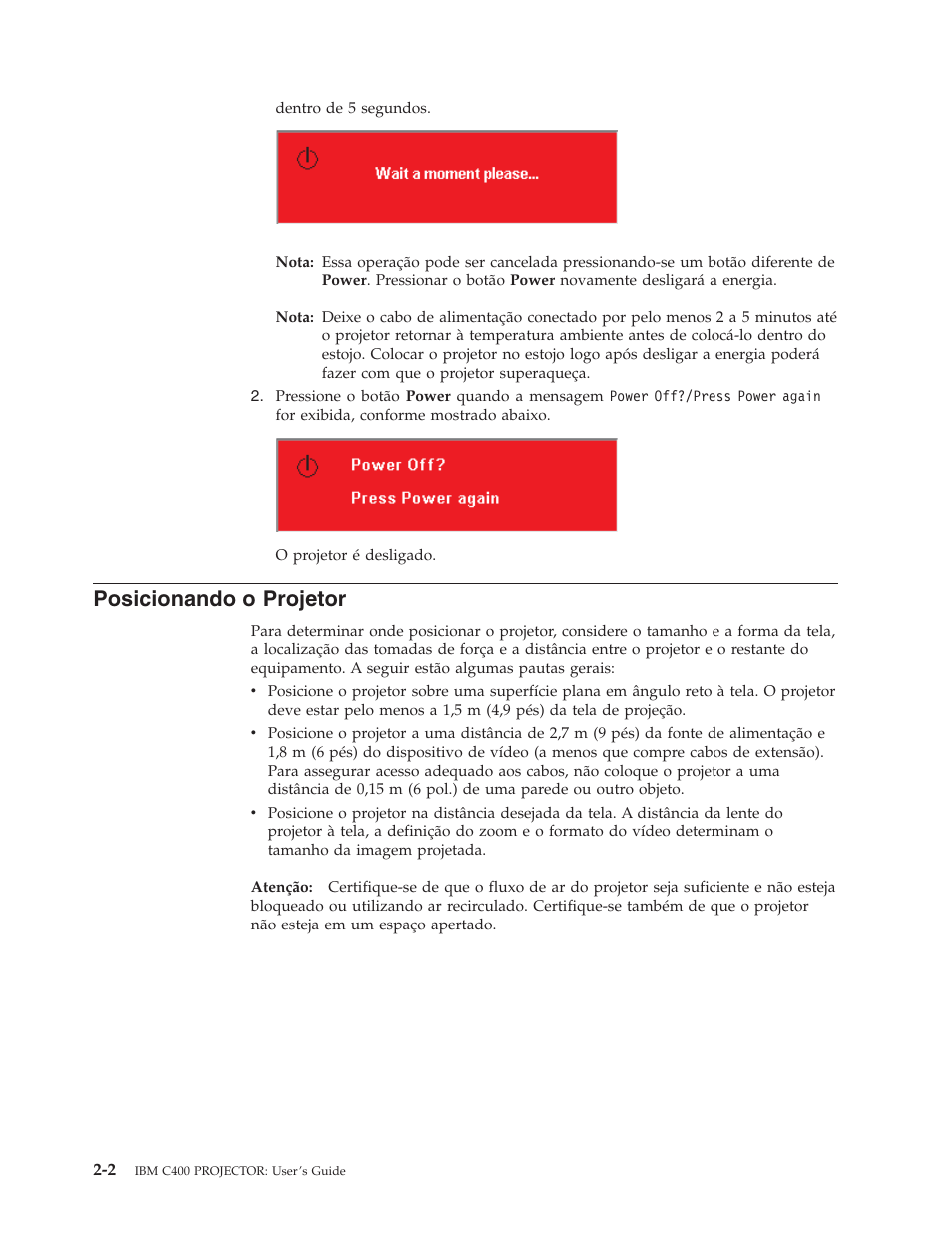 Posicionando o projetor, Posicionando, Projetor | IBM C400 User Manual | Page 22 / 94