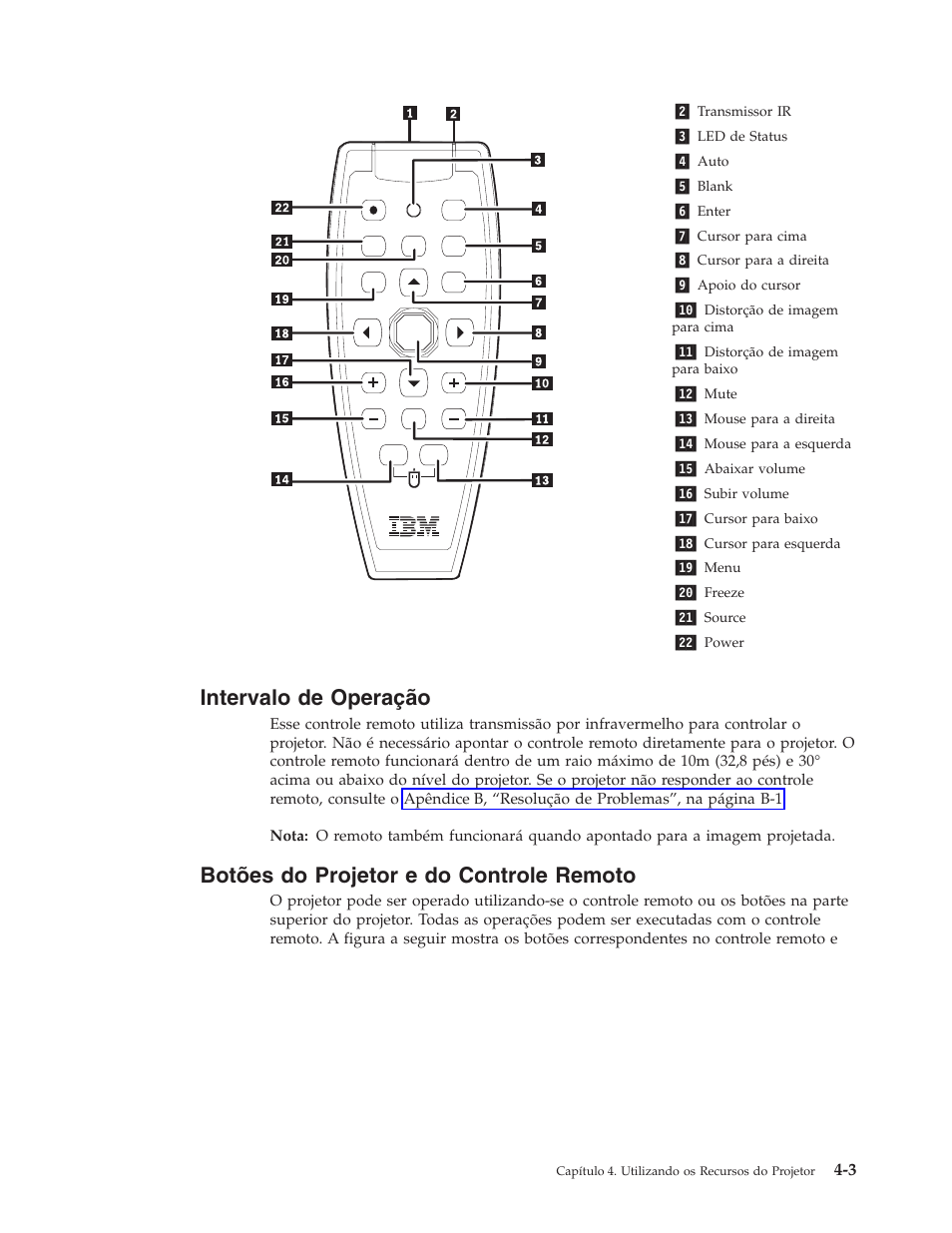 Intervalo de operação, Botões do projetor e do controle remoto, Intervalo | Operação, Botões, Projetor, Controle, Remoto | IBM C400 User Manual | Page 31 / 94
