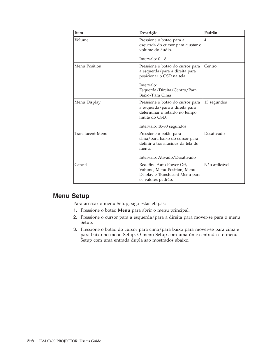 Menu setup, Menu, Setup | IBM C400 User Manual | Page 38 / 94