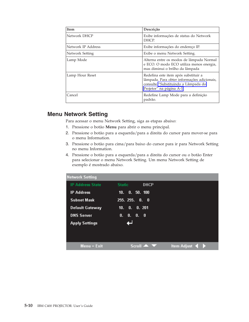 Menu network setting, Menu, Network | Setting | IBM C400 User Manual | Page 42 / 94