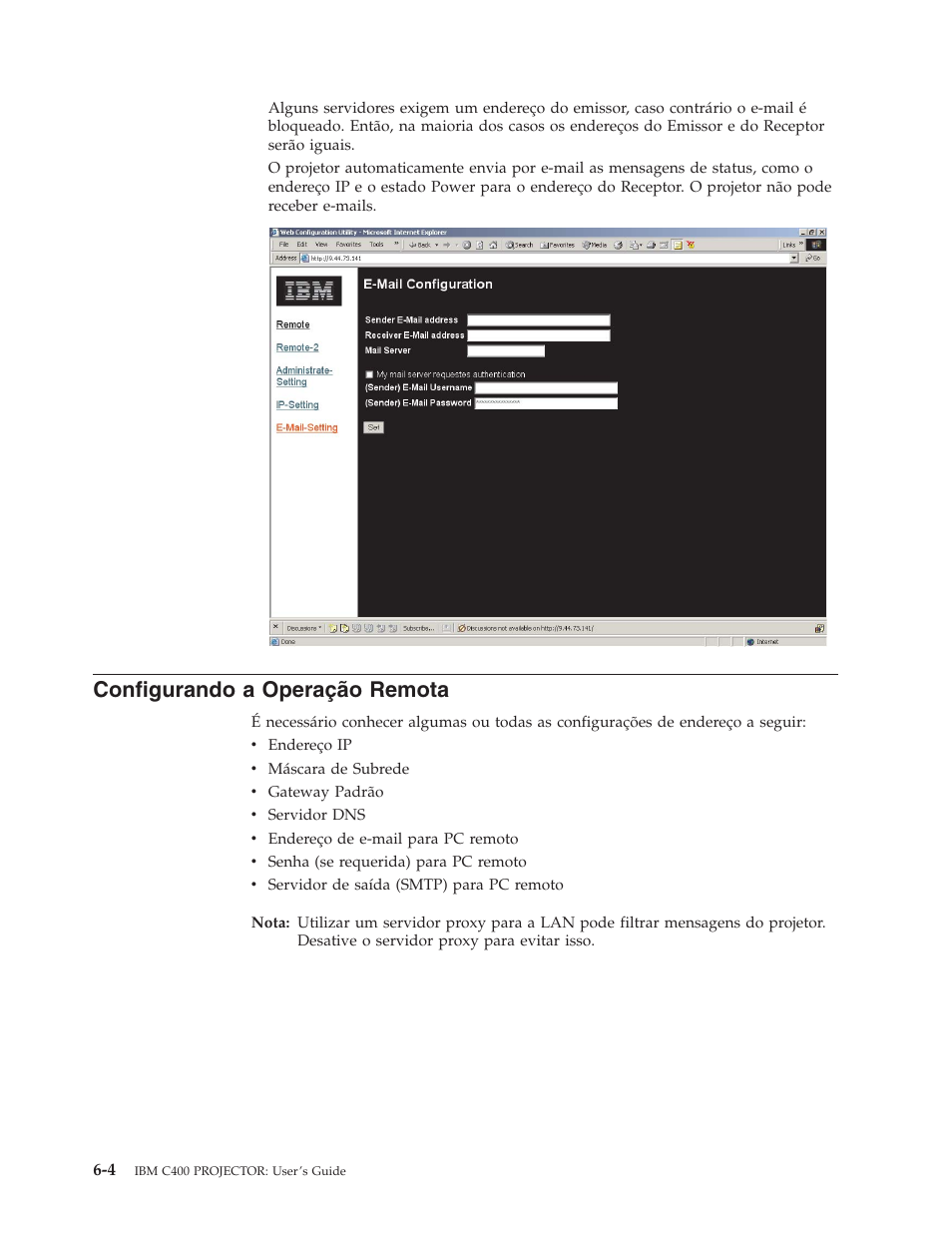 Configurando a operação remota, Configurando, Operação | Remota | IBM C400 User Manual | Page 48 / 94