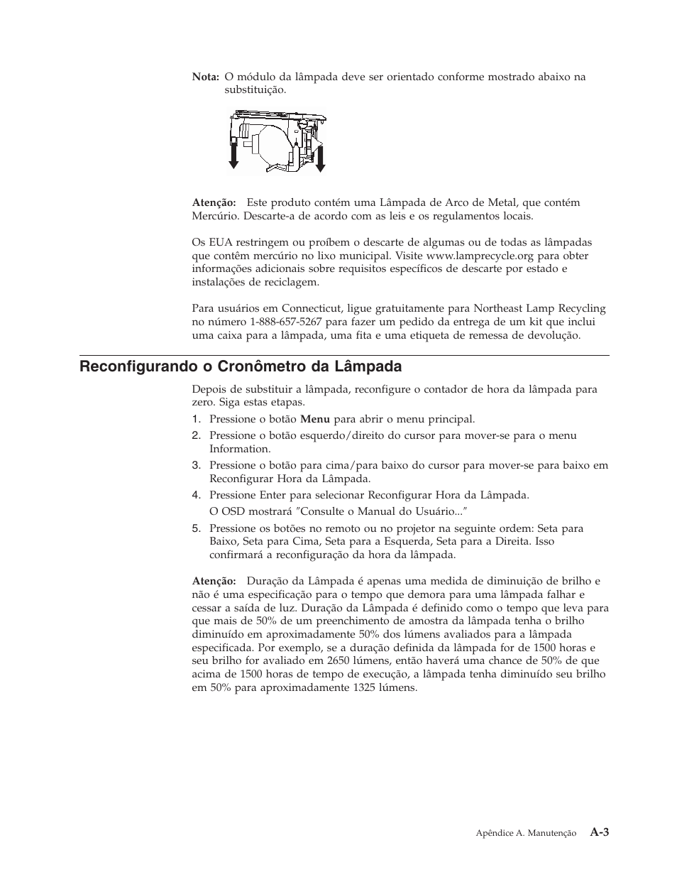 Reconfigurando o cronômetro da lâmpada, Reconfigurando, Cronômetro | Lâmpada | IBM C400 User Manual | Page 57 / 94