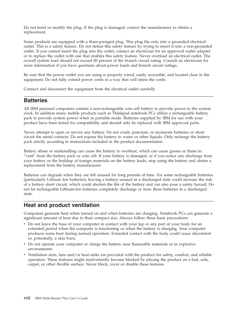 Batteries, Heat and product ventilation, Viii | Heat, Product, Ventilation | IBM 73P3309 User Manual | Page 10 / 64