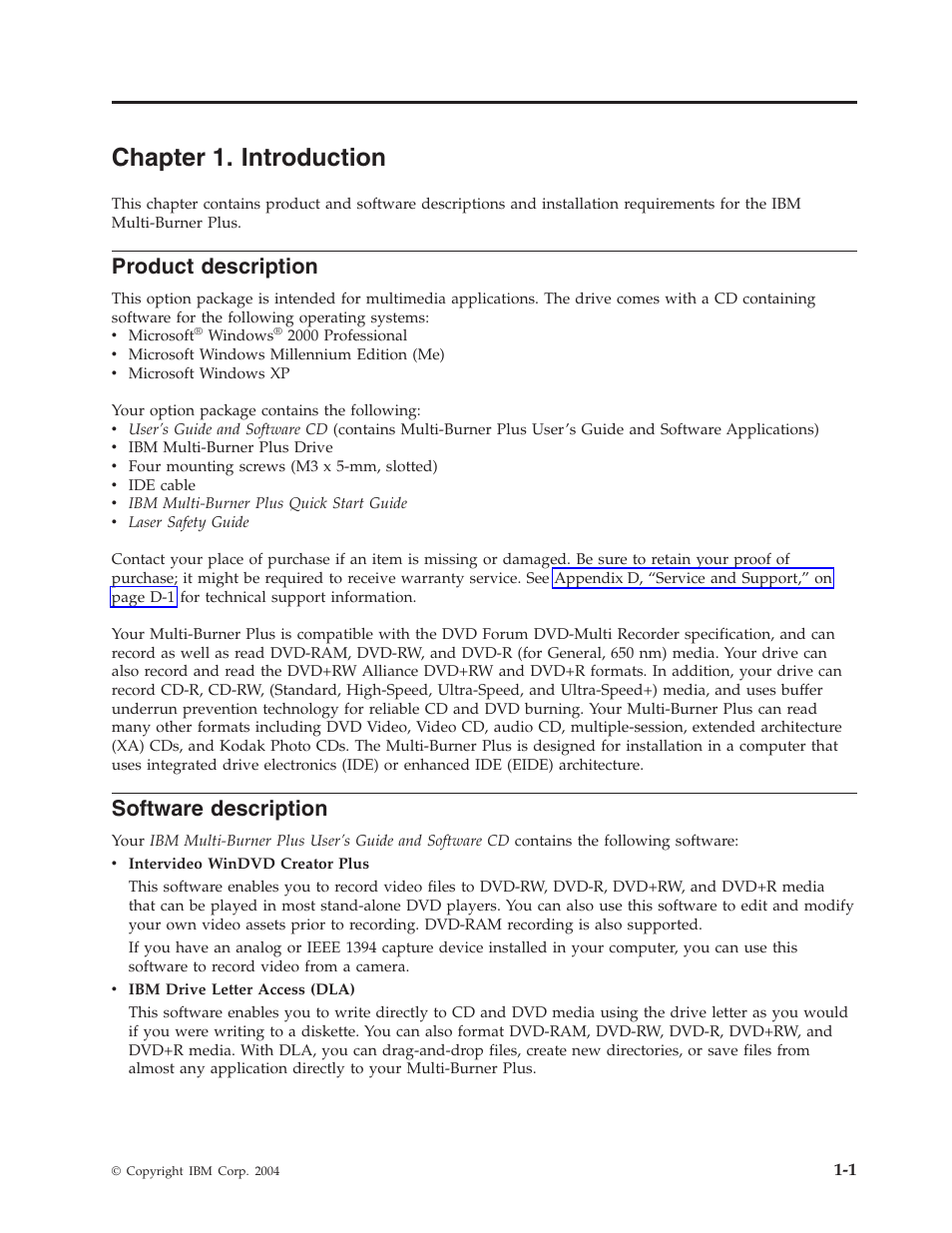 Chapter 1. introduction, Product description, Software description | Chapter, Introduction, Product, Description, Software | IBM 73P3309 User Manual | Page 15 / 64