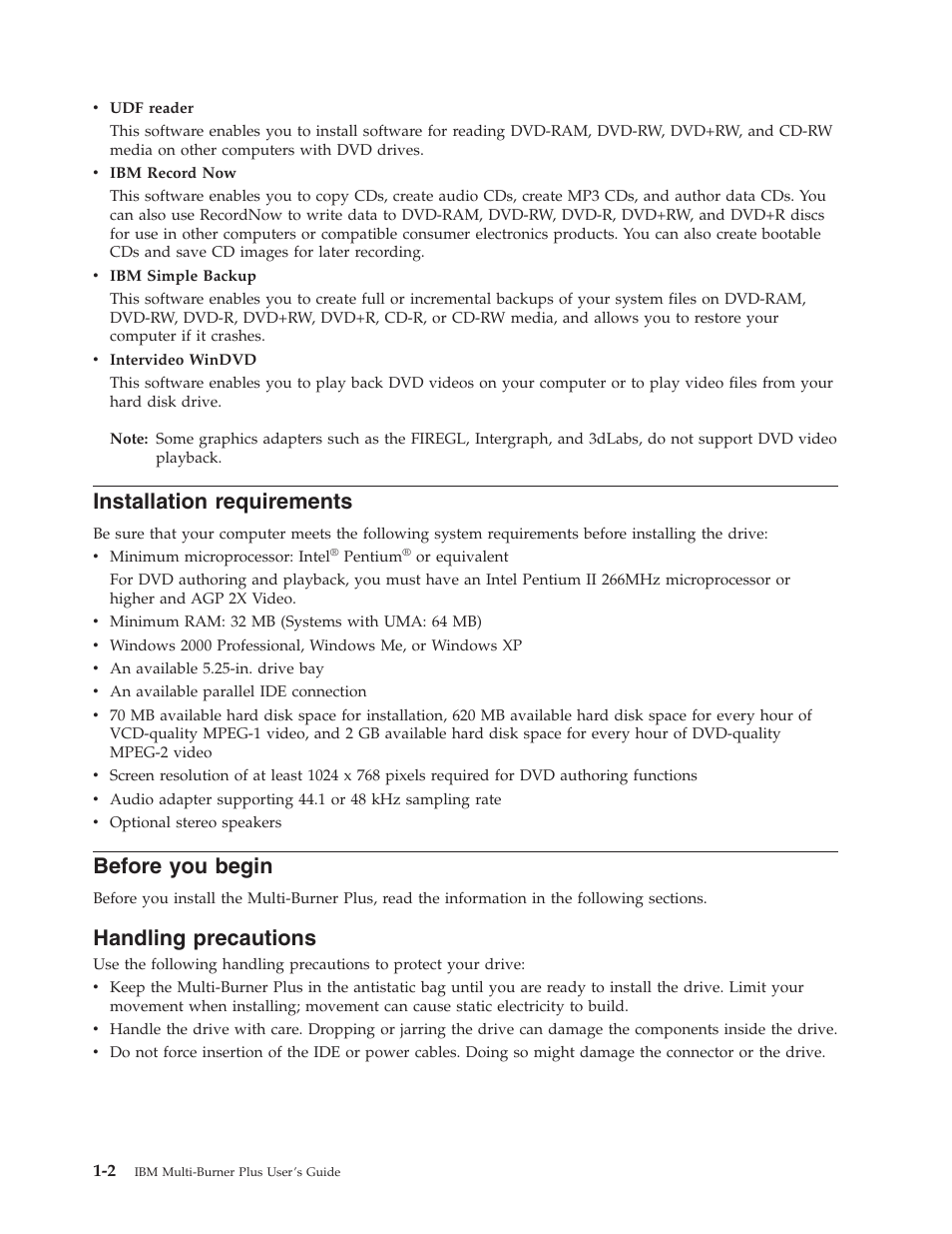 Installation requirements, Before you begin, Handling precautions | Installation, Requirements, Before, Begin, Handling, Precautions | IBM 73P3309 User Manual | Page 16 / 64