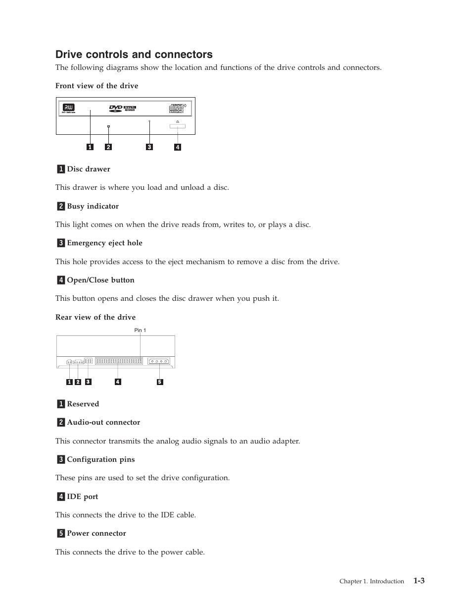 Drive controls and connectors, Drive, Controls | Connectors | IBM 73P3309 User Manual | Page 17 / 64