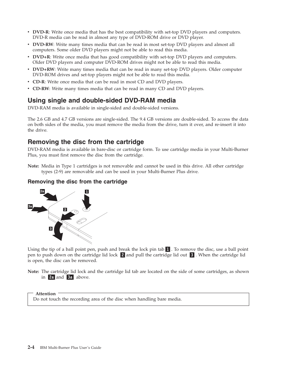 Using single and double-sided dvd-ram media, Removing the disc from the cartridge, Using | Single, Double-sided, Dvd-ram, Media, Removing, Disc, From | IBM 73P3309 User Manual | Page 22 / 64