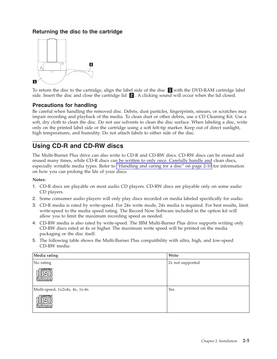 Returning the disc to the cartridge, Precautions for handling, Using cd-r and cd-rw discs | Using, Cd-r, Cd-rw, Discs, Returning, Disc, Cartridge | IBM 73P3309 User Manual | Page 23 / 64