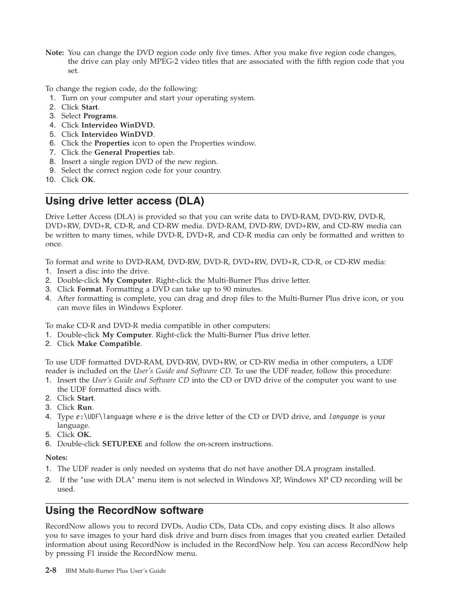Using drive letter access (dla), Using the recordnow software, Using | Drive, Letter, Access, Dla), Recordnow, Software | IBM 73P3309 User Manual | Page 26 / 64