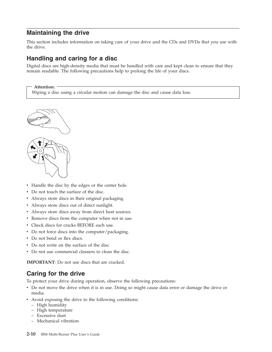 Maintaining the drive, Handling and caring for a disc, Caring for the drive | Maintaining, Drive, Handling, Caring, Disc | IBM 73P3309 User Manual | Page 28 / 64