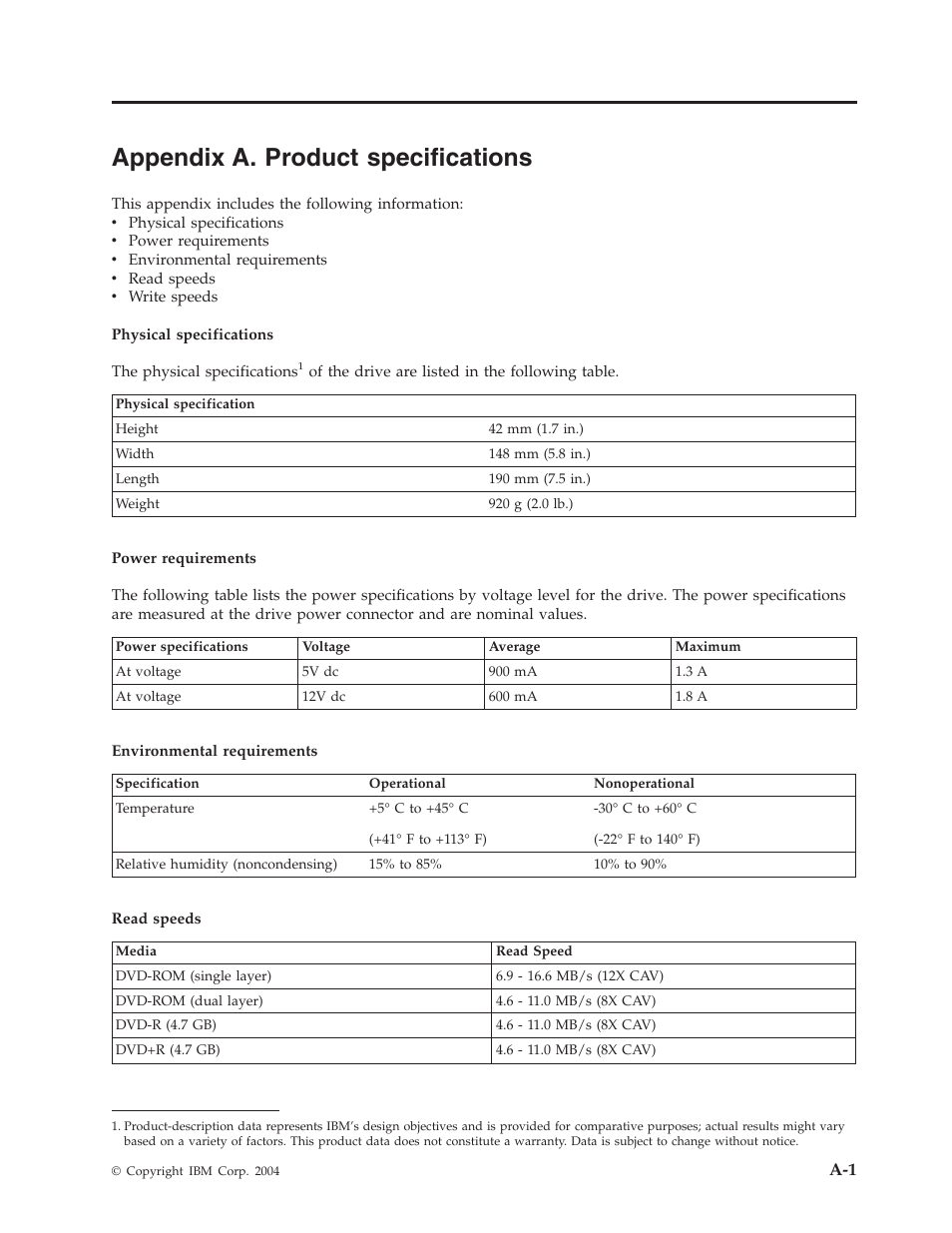Appendix a. product specifications, Appendix, Product | Specifications | IBM 73P3309 User Manual | Page 31 / 64