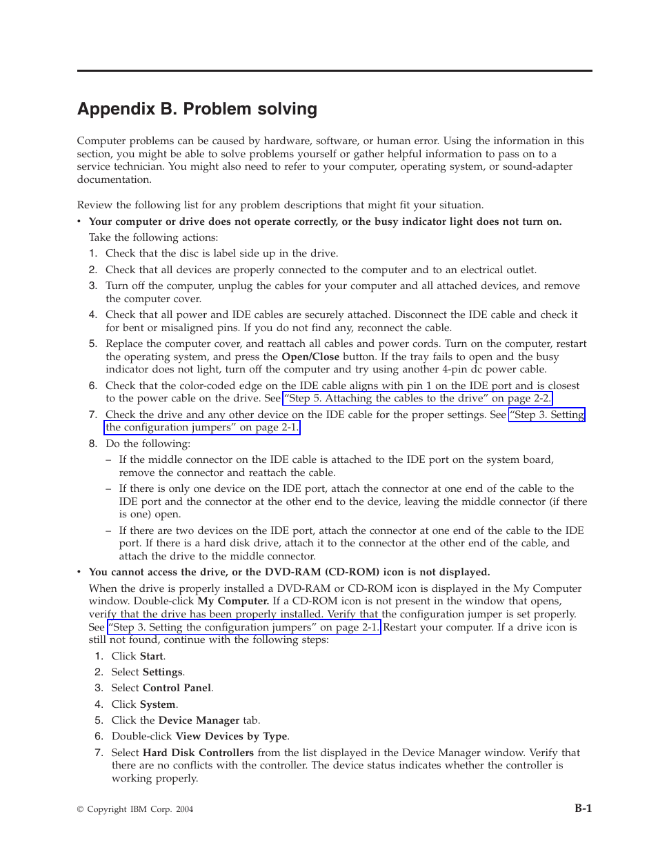 Appendix b. problem solving, Appendix, Problem | Solving | IBM 73P3309 User Manual | Page 33 / 64