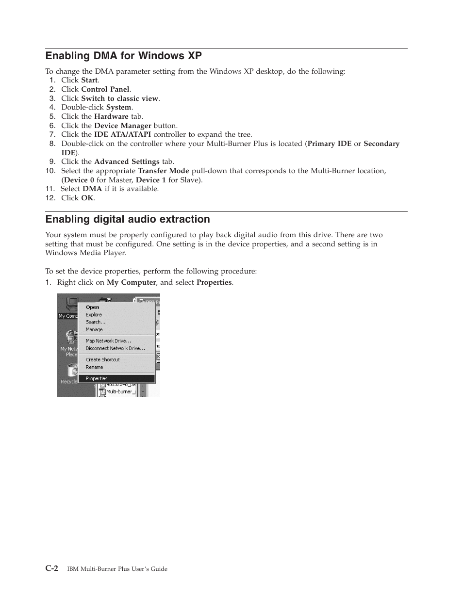 Enabling dma for windows xp, Enabling digital audio extraction, Enabling | Windows, Digital, Audio, Extraction | IBM 73P3309 User Manual | Page 38 / 64