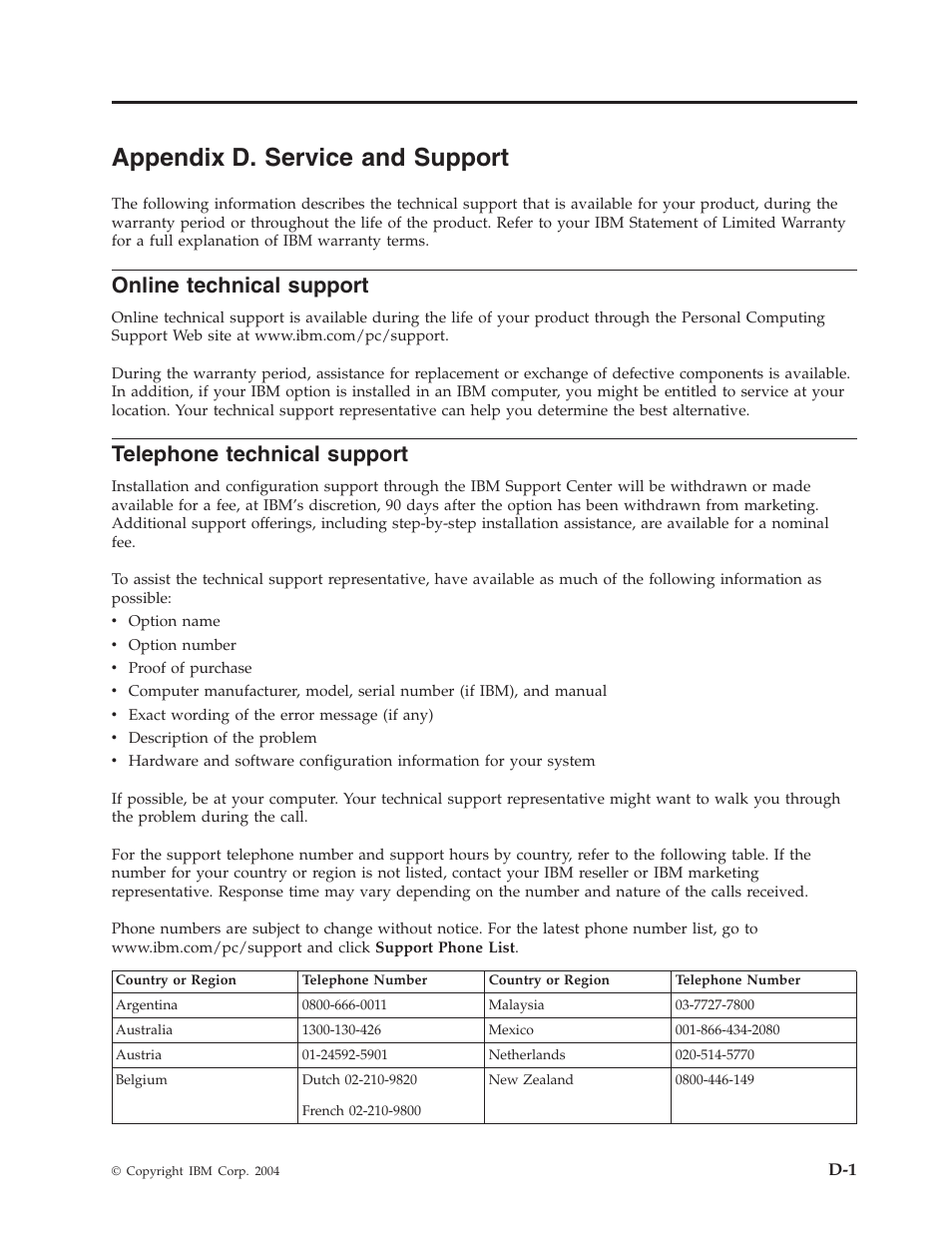 Appendix d. service and support, Online technical support, Telephone technical support | Appendix, Service, Support, Online, Technical, Telephone | IBM 73P3309 User Manual | Page 41 / 64