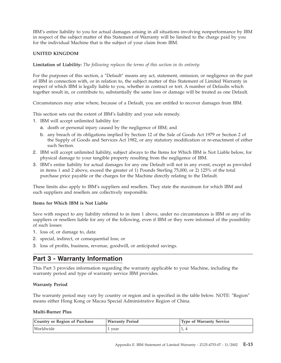 Part 3 - warranty information, Part, Warranty | Information, E-13 | IBM 73P3309 User Manual | Page 55 / 64
